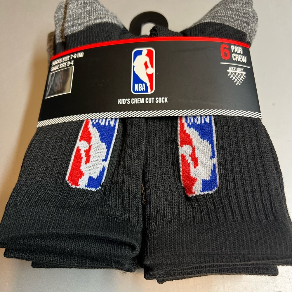 NBA Logo Basketball Black kids Athlete 6 Pack Shoe Sz 9-4 NEW